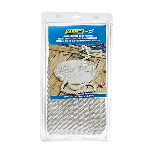 Seachoice 3-Strand Twisted Nylon Dock Line, White, 3/4